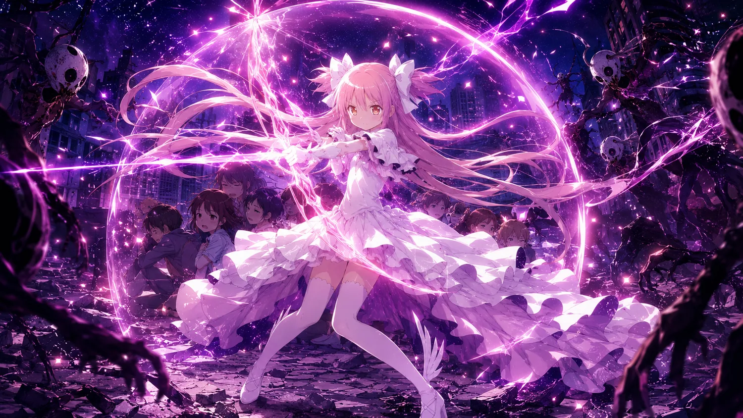 Ultimate Madoka rodeada de energía protectora